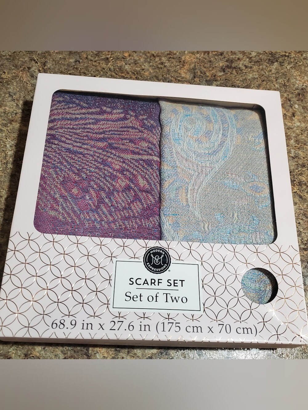 Modetn Expressions Boxed Guft Set Scarfs. Set Of 2. Printed With Soy Ink. Nwt
